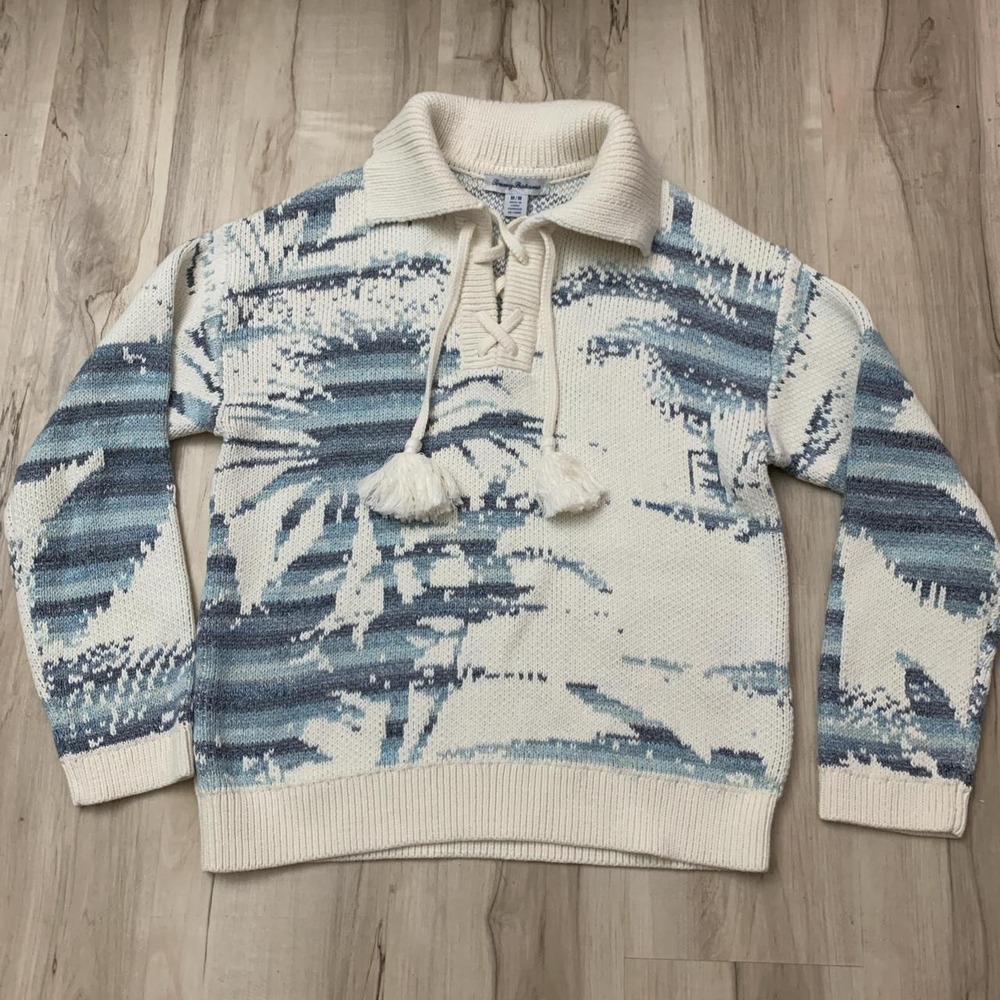 Tommy Bahama Vintage Classic Patterned Knit Pompom Sweater Blue White Medium